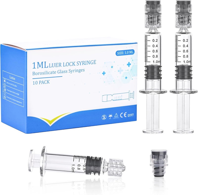 BeHerk 10 Pack 1ml Luer Lock Glass Syringe, Borosilicate Syringes for Liquids, Glue, Oils, Ink, Lab and Crafts Tools without Needle - Image 1